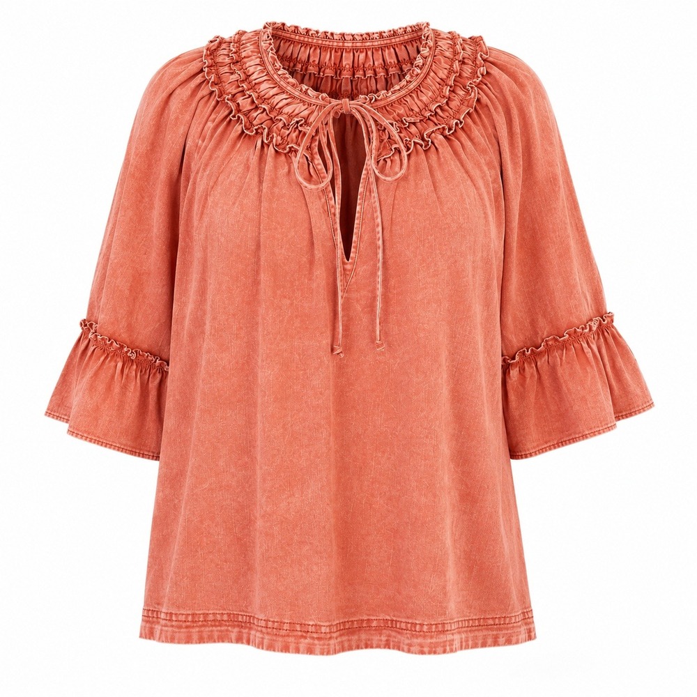 Free People Ainsley Top Rose Wash Cotton Denim 3/4 Bell Sleeve Tie Neck Large
